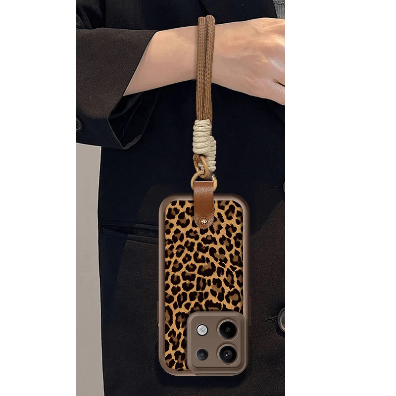 Leopard Print Soft Shockproof Case with Hang Strap Lanyard Wrist Chain