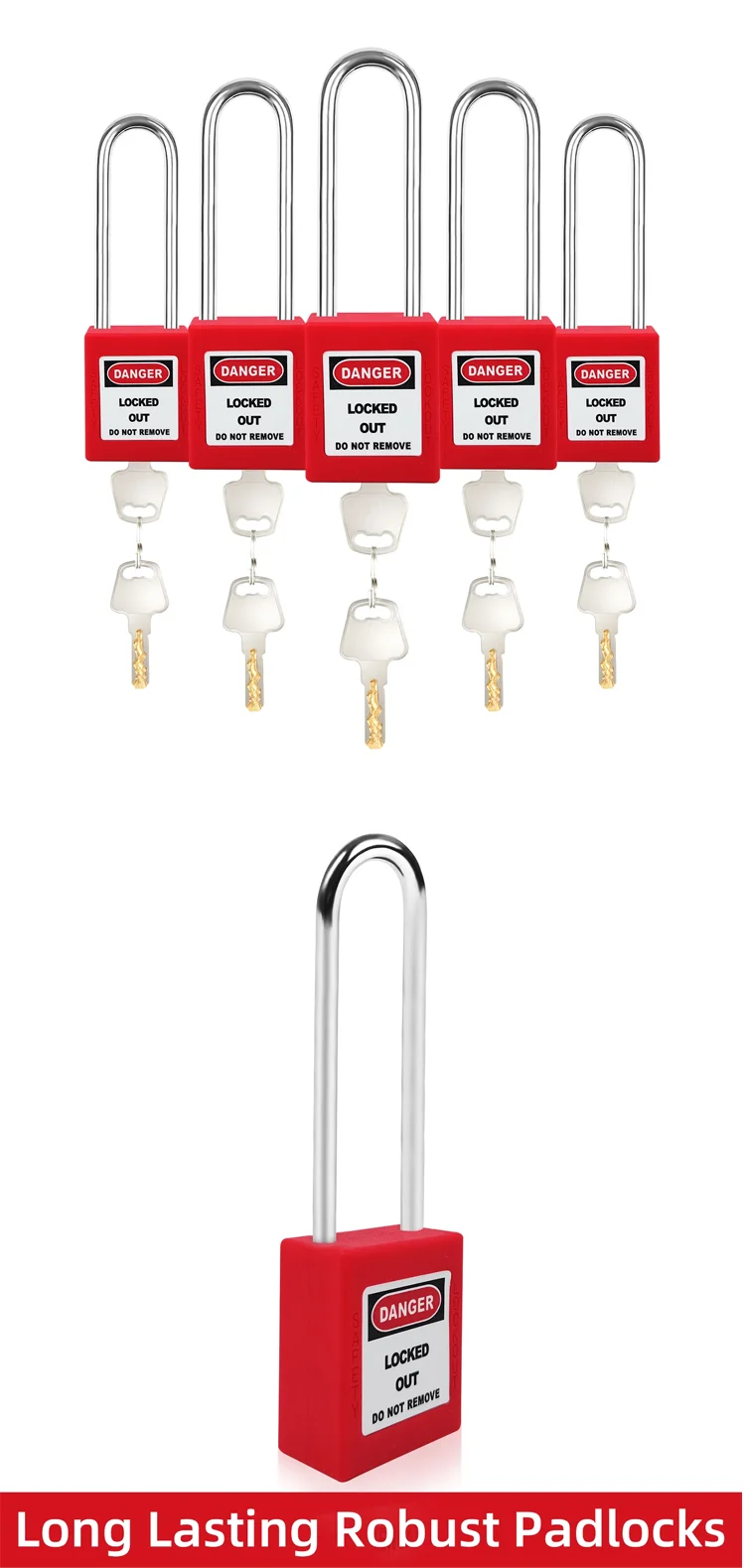 5 Stück 76 mm Stahl-Sicherheitsverriegelung/Tagout Steel Industrial Seguridad Sicherheitsvorhängeschloss Rot Gelb Grün Schwarz Blau mit 2 Schlüsseln – Detail 1
