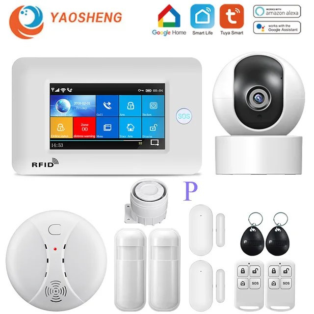 4.3 Inch Touch Panel WIFI GSM Wireless Burglar Home Security Alarm System TUYA Smart life APP Control Compatible With Alexa P
