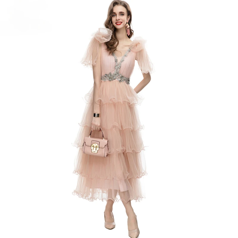 

Women's Runway Dresses Sexy V Neck Short Sleeves Appliques Tiered Ruffles Beaded Elegant Fashion Party Evening Prom