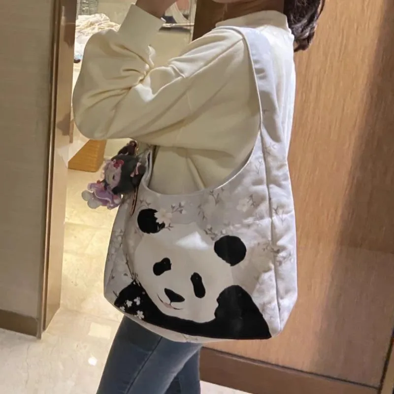 JIAERDI Sweet Cute Cartoon Panda Tote Bag Women Floral Print Large Capacity Shoulder Bags Ladies Casual Versatile Handbag 2025