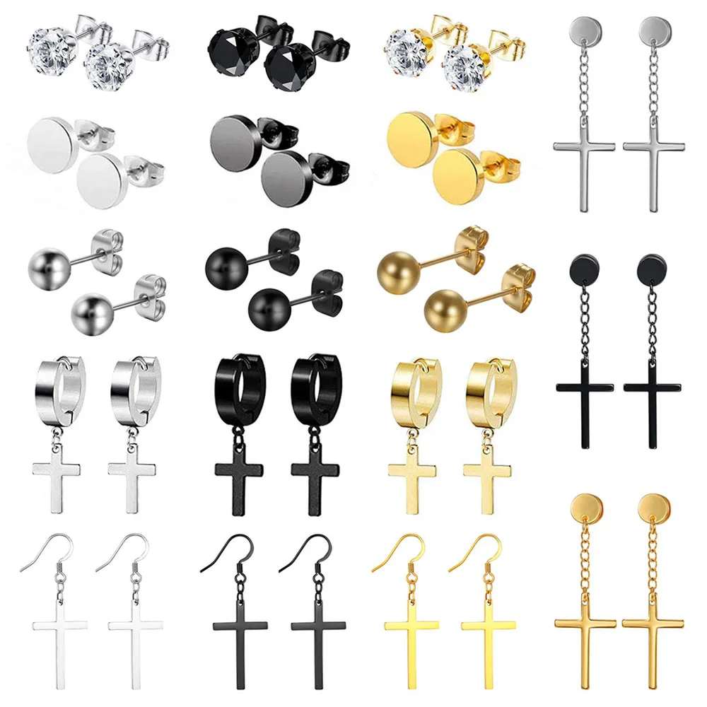 

1 Pair/18 Pairs Stainless Steel Dangle Cross Huggie Hoop Earrings Fake Flat Back Earrings CZ Ball Stud Earrings for Men Women