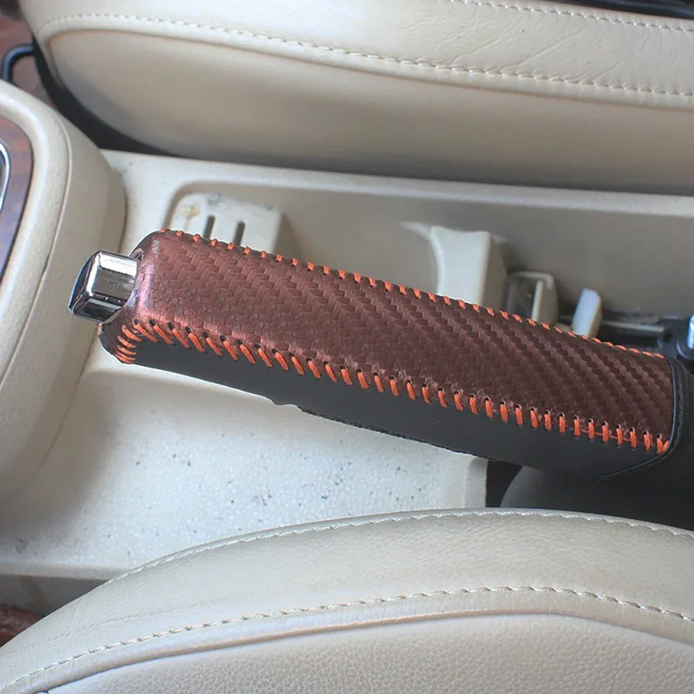 Hand Brake Cover Car Interior Accessories Carbon Fiber Style Universal Car Handbrake Sleeve PU Leather Anti-Skid Parking Brake Protection