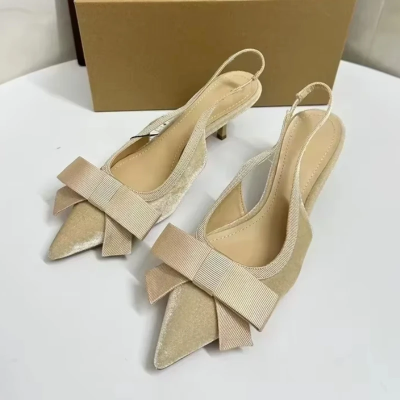Women High Heeled Shoes Pointed Toe Slingbacks Bowknot Decoration Elegant Vintage Wedding Party Dress Sandals for Ladies
