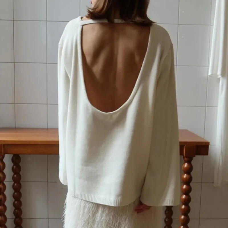 New Autumn Winter Women's Cotton Sweater Backless Design Loose Knit Pullover Jumper Fashionable Commuting Sweater