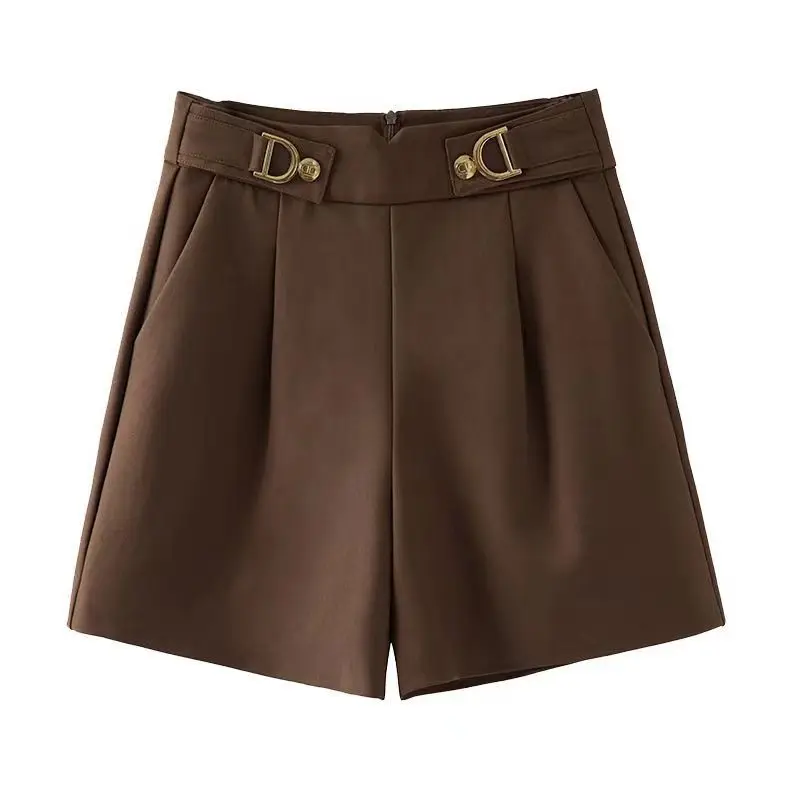 Women's 2023 Spring Autumn New High Waist Zipper Bright Line Decoration Pockets Loose Ruched Wide Leg Shorts A-line Casual Pants