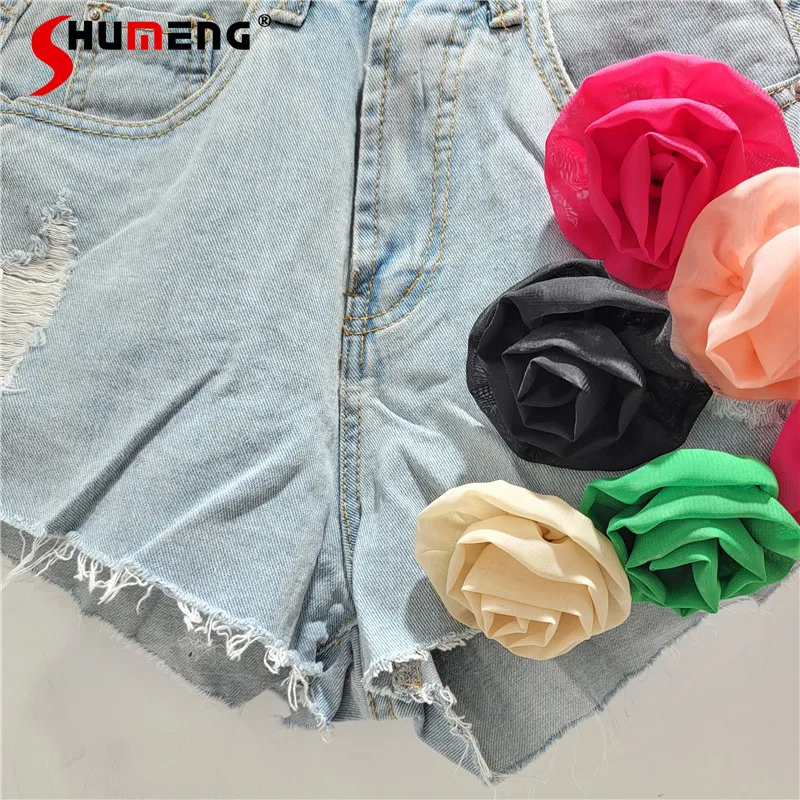 Sweet Denim Shorts Women's Ins High Waist Three-Dimensional Flower Short Jeans 2024 Loose Straight Slimming Wide Leg Hot Pants