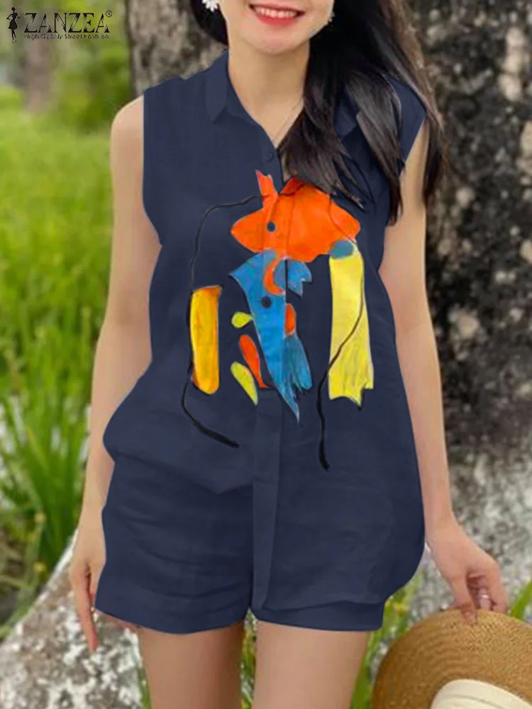 

Комплект ZANZEA женский летний из 2 предметов, блузка без рукавов и шорты, Модный богемный спортивный костюм, повседневный костюм с цветочным принтом