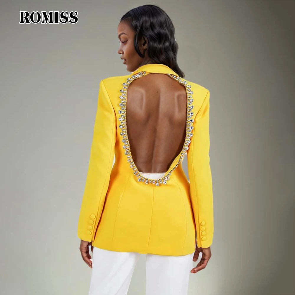 

ROMISS Solid Hollow Out Patchwork Diamonds Blazer For Women Notched Collar Long Sleeve Sliced Button Chic Blazers Female