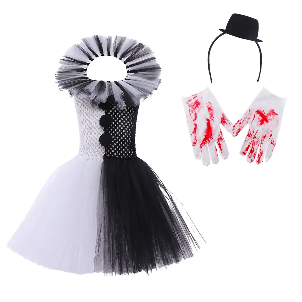 HERMORRYSS Disfraz De Payaso Para Niña, Disfraz Payaso Terrorifico, Vestido De Payaso Malvado Con Tirantes En Blanco Y Negro, Traje Con Tocado Y Calcetines Para Halloween, Cosplay (Modelo B, L