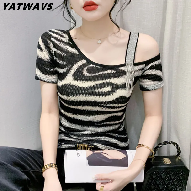 

New Summer Korean Clothes T-Shirt Women Chic Sexy Skew Collar Off Shoulder Diamonds Tassels Top Female Short Sleeve Stripes Tees