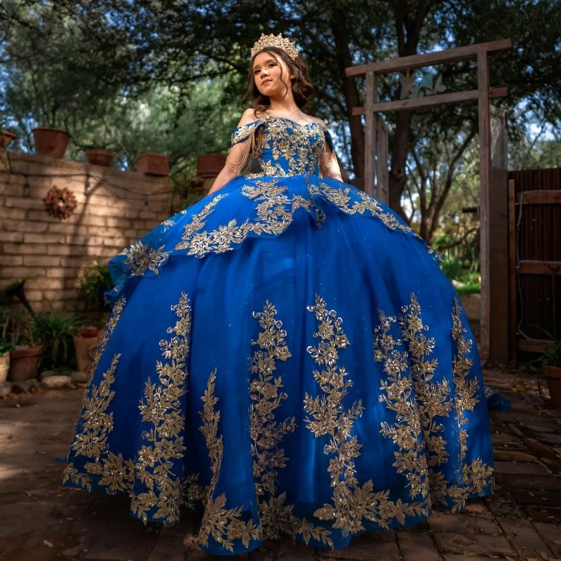 

Royal Blue Shiny Off The Shoulder Ball Gown Quinceanera Dress Gold Appliques Lace Beading Corset Vestidos 15 De XV Años