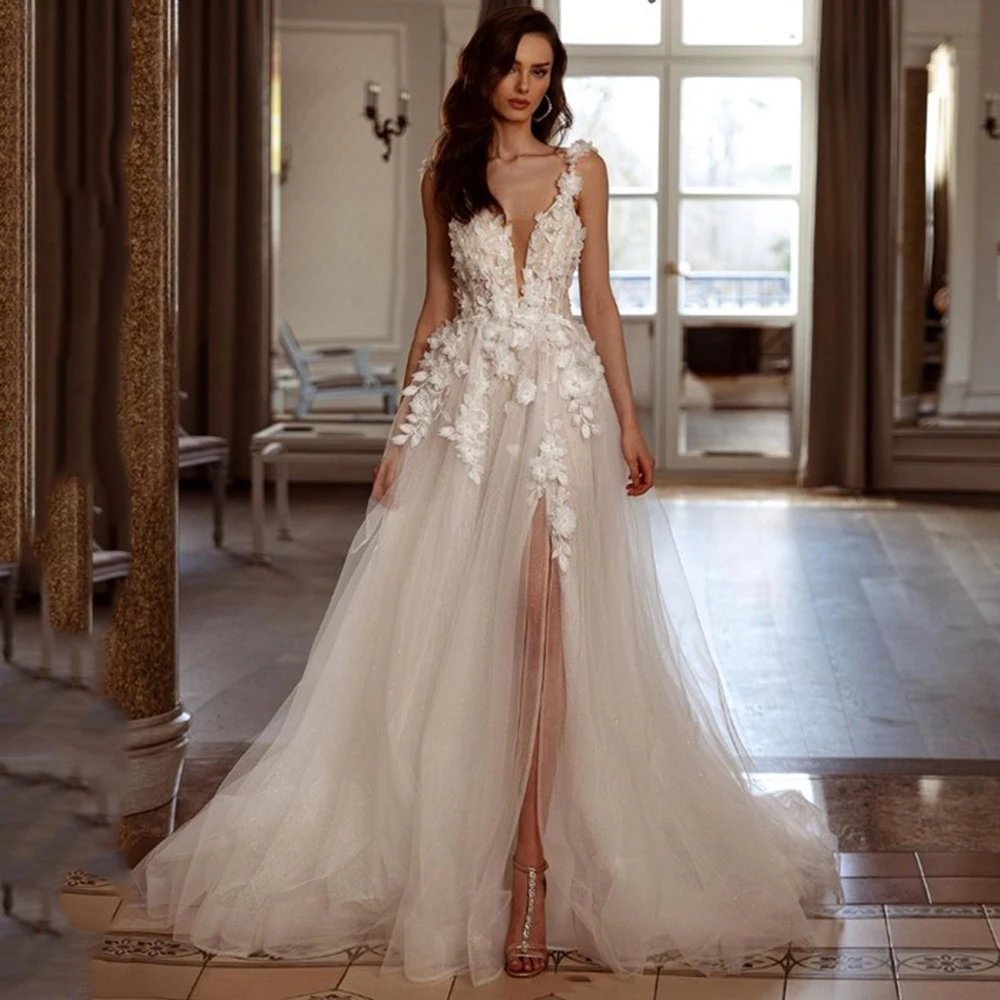 Vestidos de chiffon con escote en V profundo y abertura Orquídea