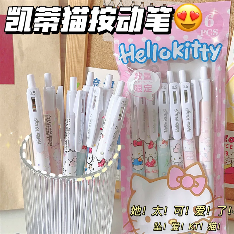 

6pcs/set Hellokittys Gel Pen Cute Cartoon Anime Figure Cinnamorolls Melodys Kuromis Kawaii Stationery Quick Drying Press Pen