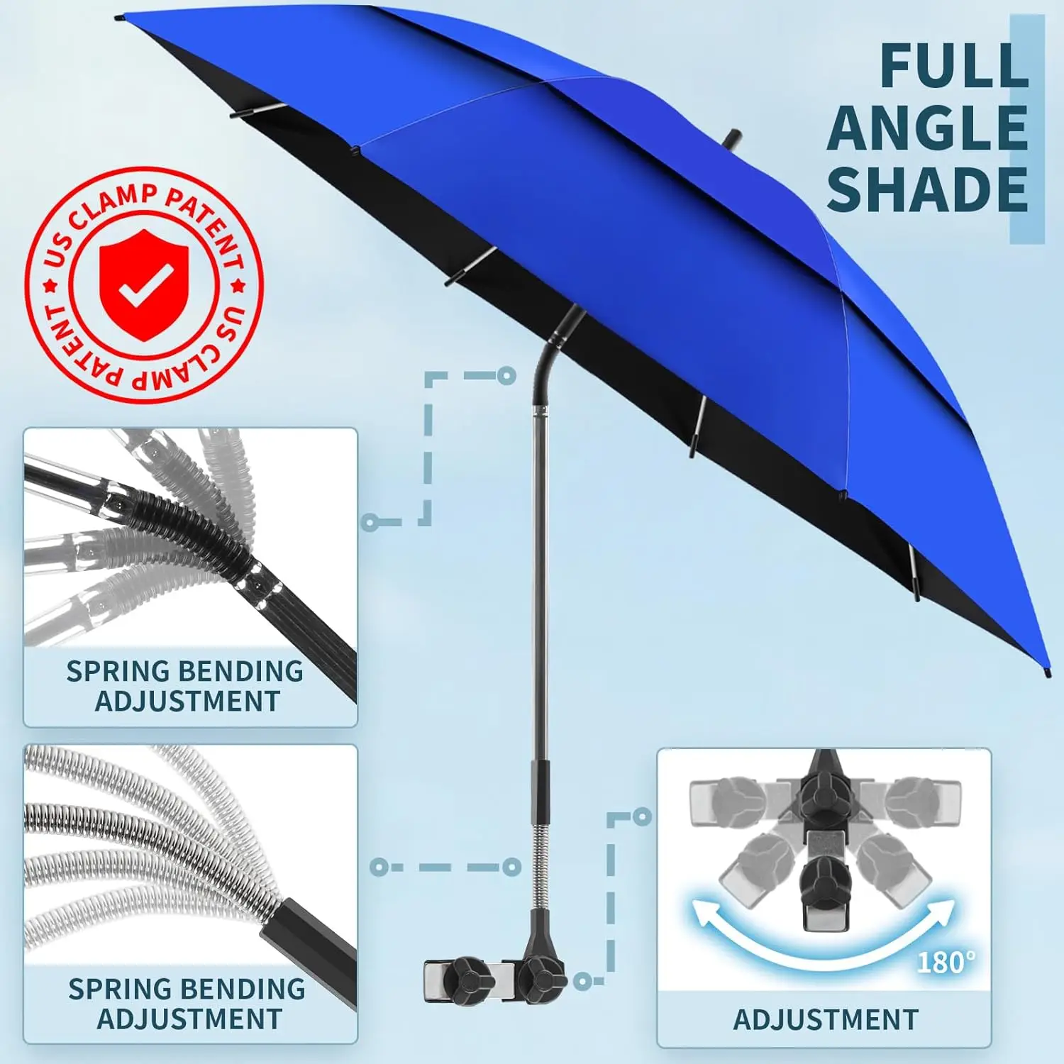 2 Pack 48.6" Double Canopy Beach Umbrella with Clamp, UPF50+ Beach Chair Umbrella with clip, 360°Adjustable(Not Include Chair)