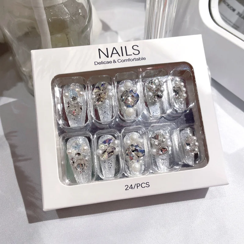Description Picture 3 of item24Pcs Long False Nails Diamond Pearl Glitter Design Press on Nails Tips Art Fake Nails Forms Reusable Set Acrylic Artificial