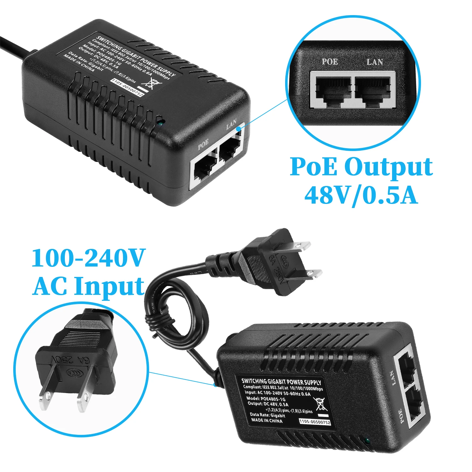 PoE Injector 48 V 0,5 A, Gigabit Ethernet-adapter, voeding voor IP