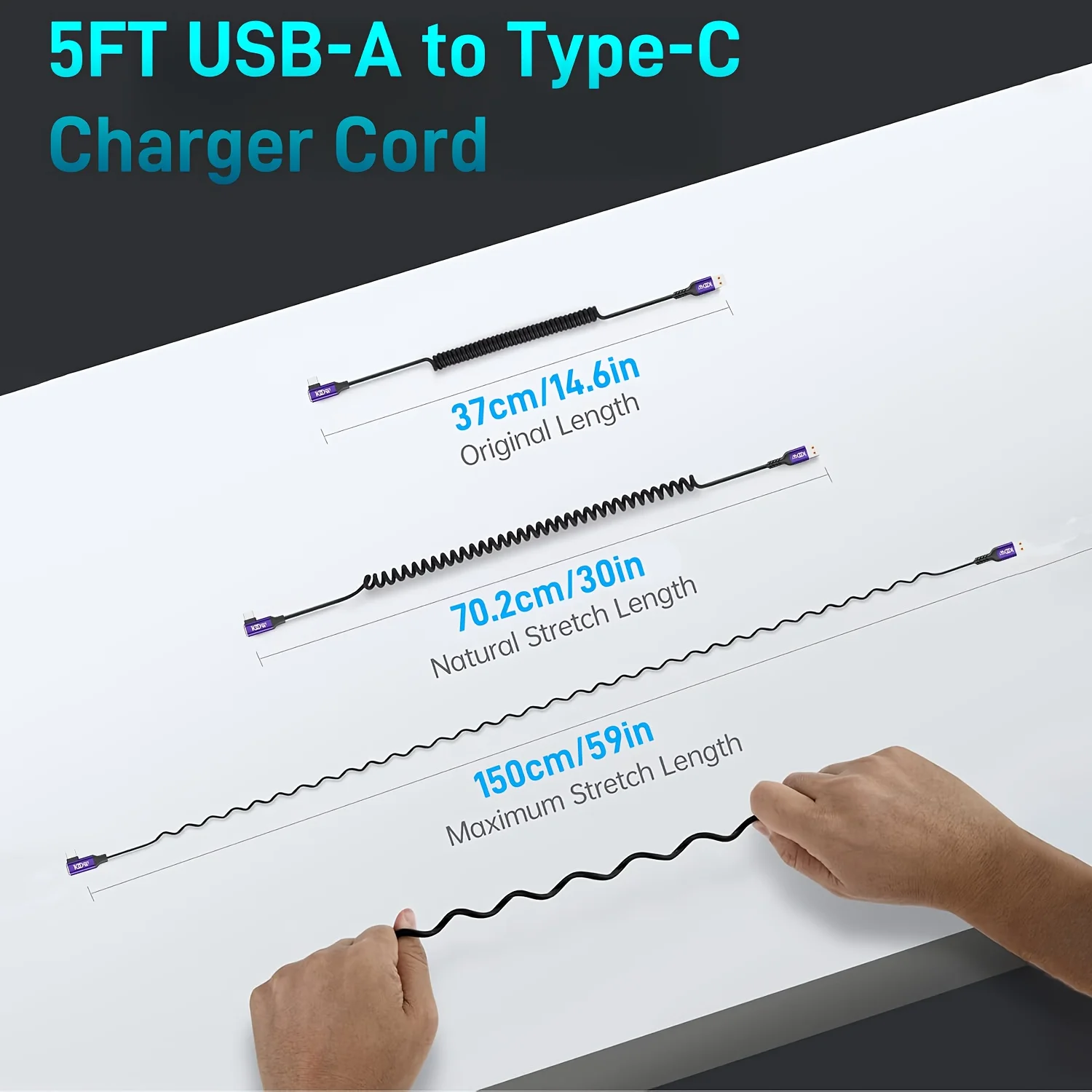 High-Speed Right-Angle Coiled USB-A to Type-C Car Charging Cable, 5-Foot Length