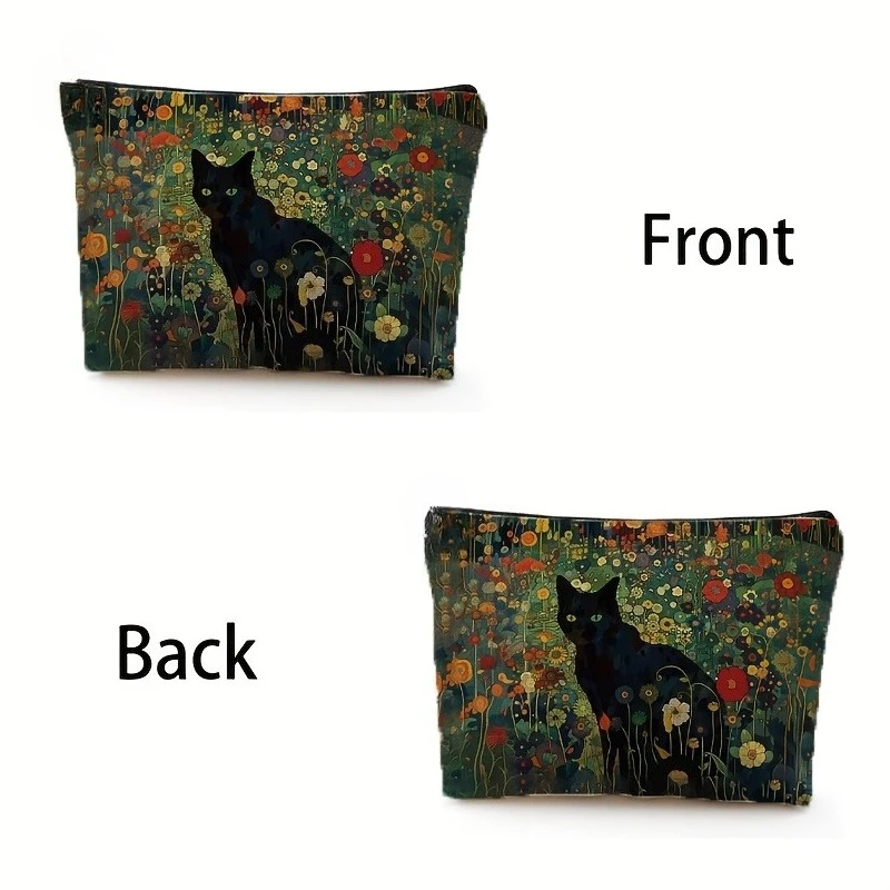 Schwarze Katze, florale Make-up-Tasche, großes Fassungsvermögen, Halloween-Geschenk für Frauen, Kosmetiktaschen, Reißverschlusstasche, Retro-Federmäppchen, Weihnachtsgeschenke – Detail 3