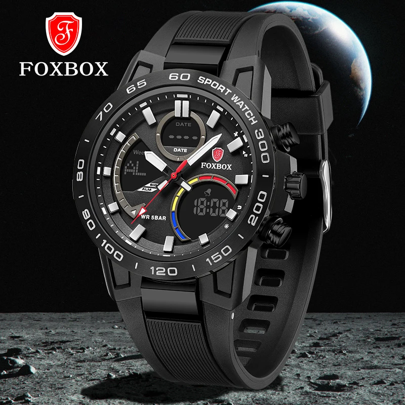 FOXBOX Watches For Men Luxury Digital Chronograph Analog Sport Watches Military Waterproof Wristwatch Man Genuine Silicone Clock