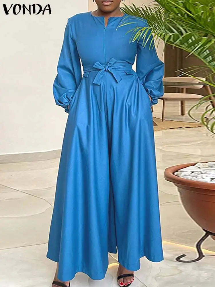 Plus Size VONDA Elegant Long Jumpsuit 2024 Women Rompers Autumn Long Lantern Sleeve Zipper Solid Casual Wide Leg Pants Belted