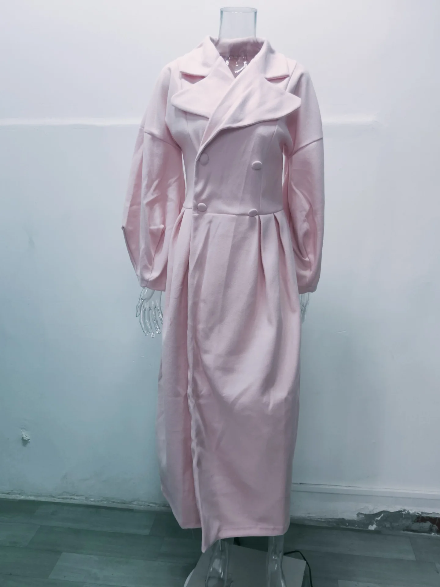 Autumn and Winter Coat Female New Retro Style Solid Color Lantern Sleeves Double-breasted Large Lapel Long Coat