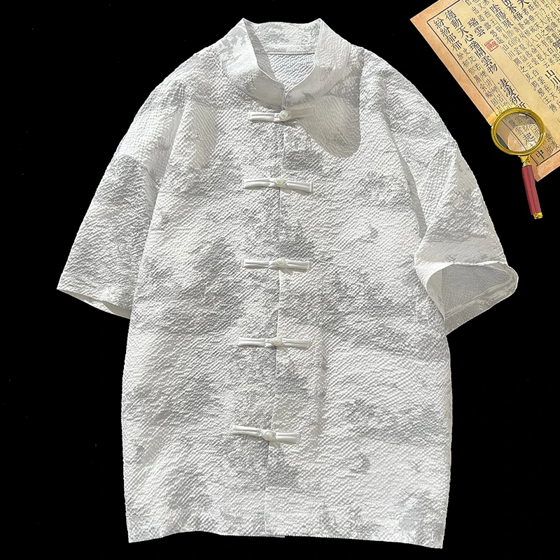 

Landscape Painting T-shirt Asian Style Plate Button Short Sleeve Shirt Lightweight Men Blouses 2024 Summer Shirts