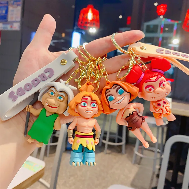 Cartoon Comedy Figure Pendant Keychain Anime Grug Eep Guy Thunk 3D Rubber Character Keyring Jewelry Adventure Cosplay Gift