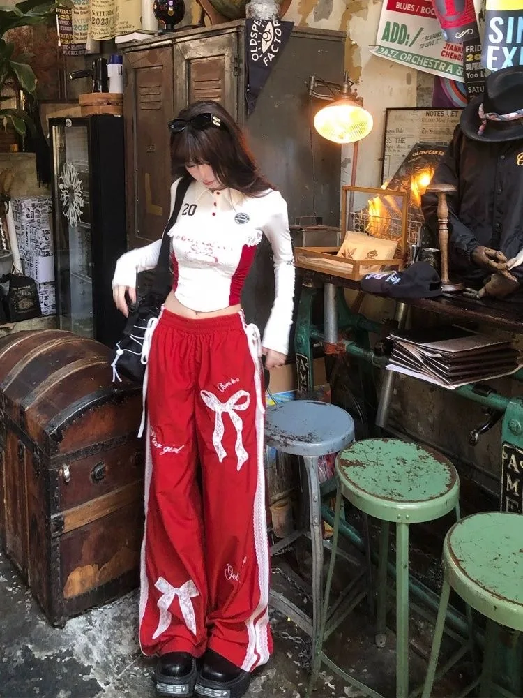 Y2K New Hot Girl Style Skirt Suit Bow Trousers Fashion Sexy Two Piece Lace Design Street Harajuku Mini Skirt Polo Long Sleeves 6