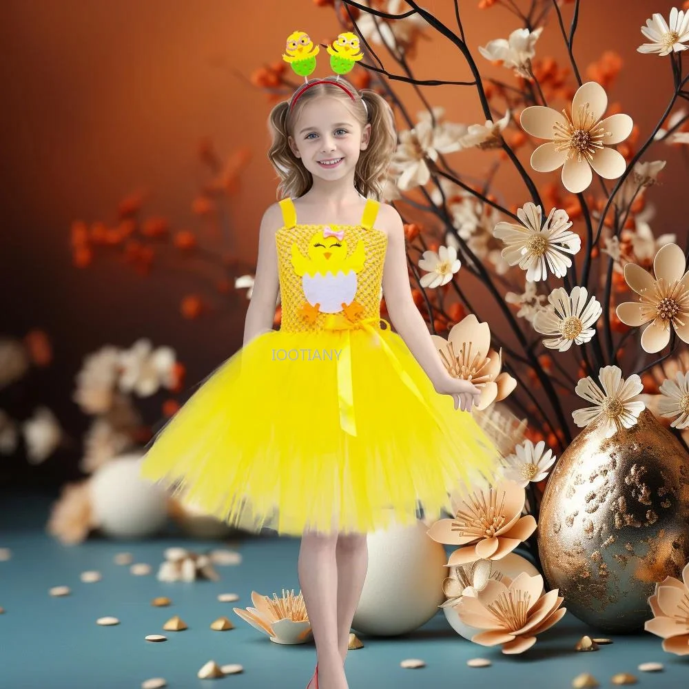 

2024 Yellow Chicken Girls Easter Costume Tutu Dress Cute Animal Kids Party Dresses Baby Spring Birthday Outfit Girl Fancy Dress