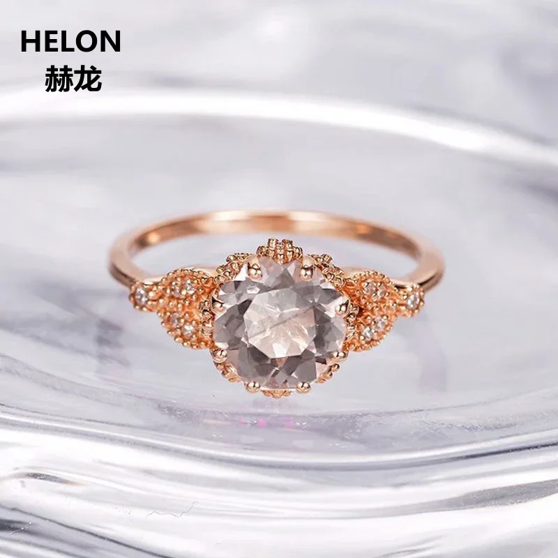 

Solid 14k Rose Gold 7mm Round Cut Natural Morganite Engagement Ring Natural Diamonds Wedding Women Ring Art Deco Vintage