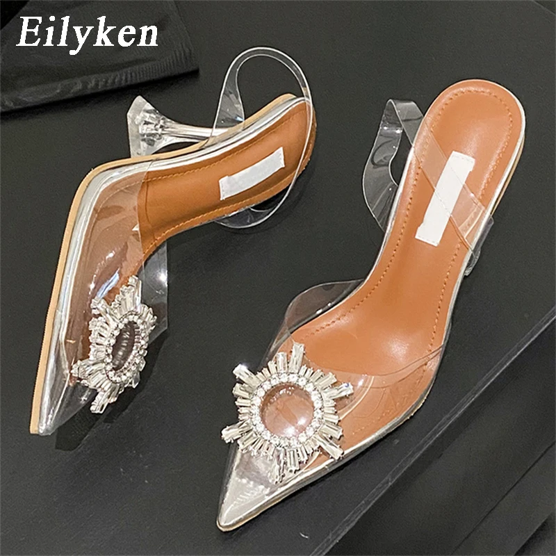 Eilyken Sun Flower Crystal Pvc Trasparente Tacchi Alti Donna Décolleté Sexy Scarpe A Punta Slingbacks Sandali Banchetto Prom Mule Shoes