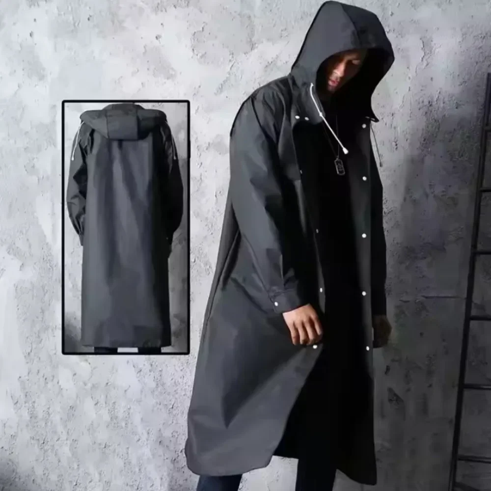 Waterproof Black Hooded Raincoat Trench Coat Style