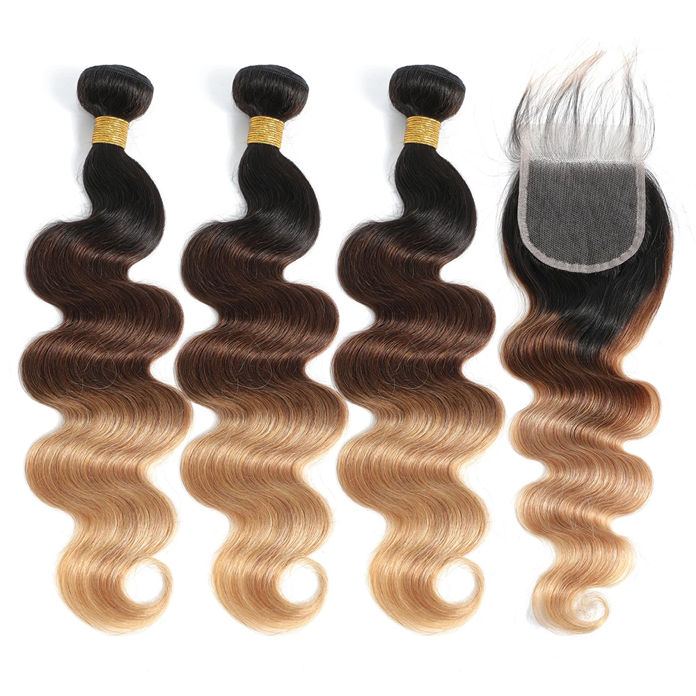 Human hair bundles human hair closure Ombre Color Body Wave Unprocessed Virgin Hair 1b/4/27 Colored Extension