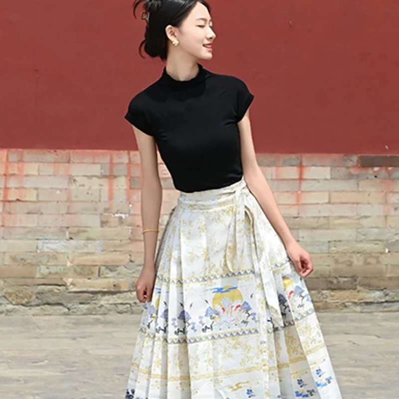 

Improved National Style Horse Face Skirt Women's Daily Commuting White Mamianqun New Chinese Retro Tie Up Hanfu Fashion Dress