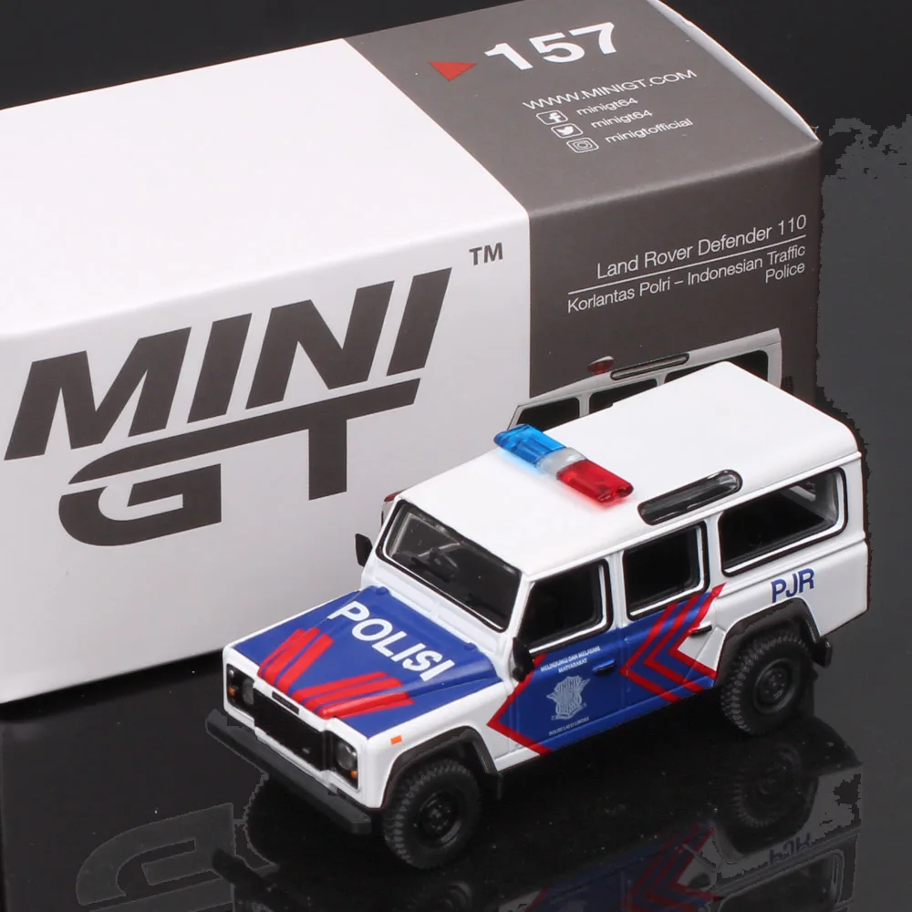 

MiniGT 1/64 Scales Defender 110 Korlantas Polri Indonesian Traffic Police Diecast Car Model Toy Vehicles SUV PJR Replicas 157