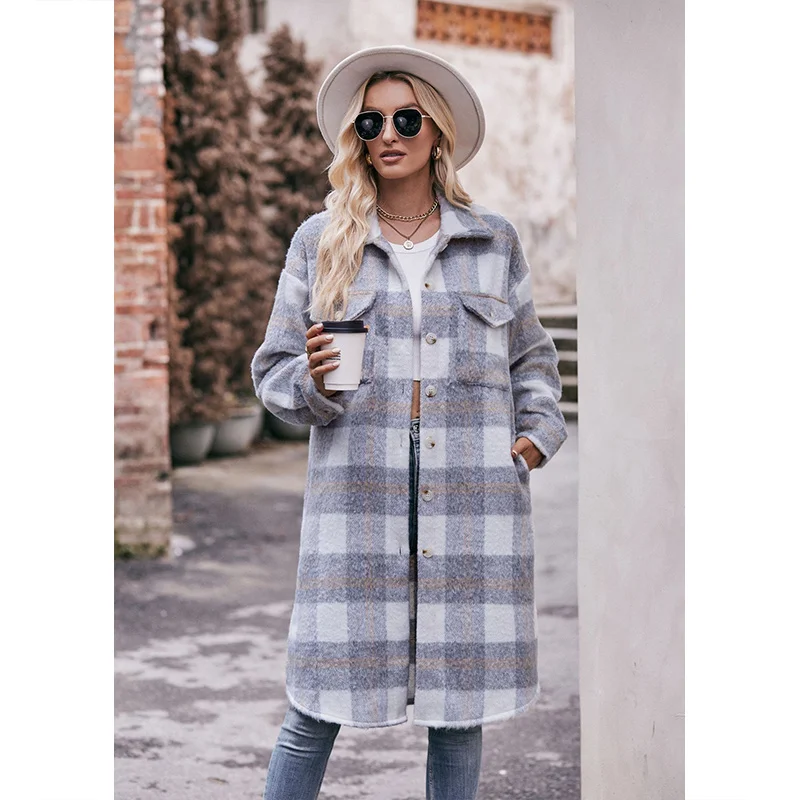 Autumn Winter Elegant Fashion Plaid Coats Lady Korean Vintage Tops Women All Match Casual Long Sleeve Outerwear Female Clothes