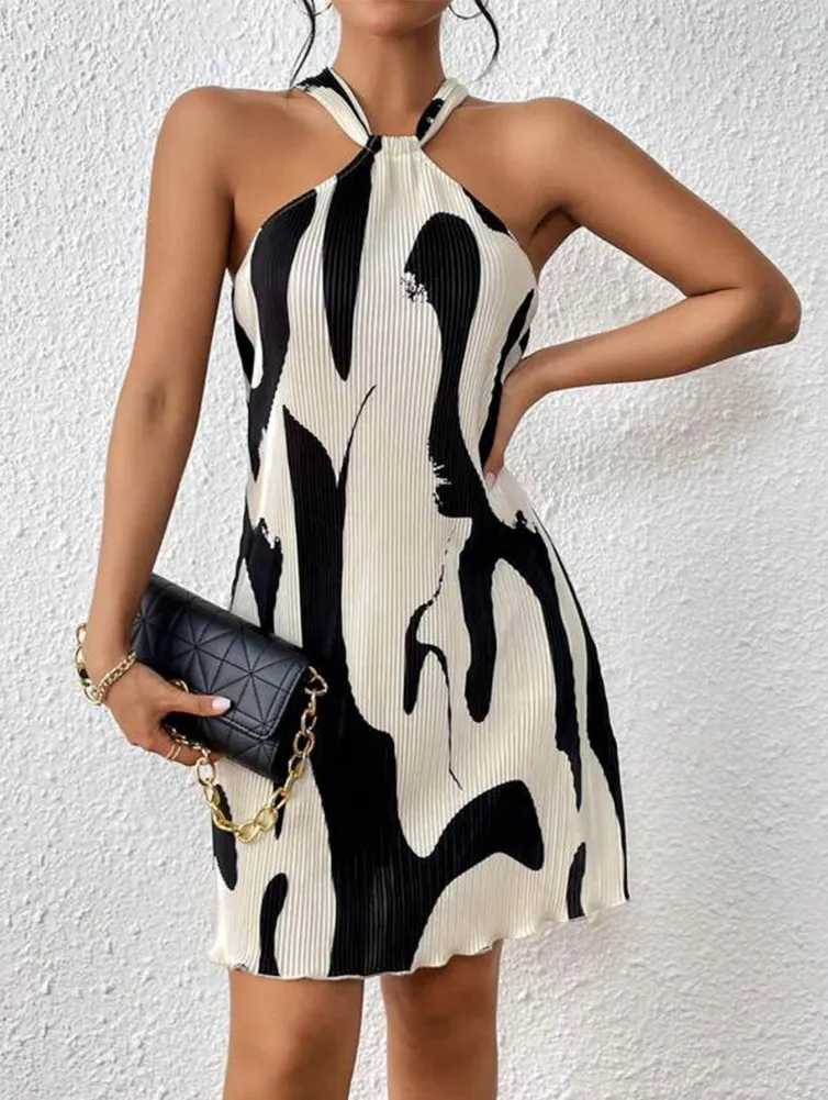 

Women Halter Dress Summer Sleeveless Elegant Striped Printing Casual Dress For Women Girls Beach Party Club Date