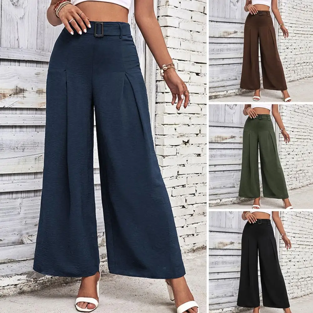 

High Waist Pants Flowy Wide Leg Pants for Women High Waist Adjustable Buckle Trousers for Work Streetwear Lightweight Loose Fit