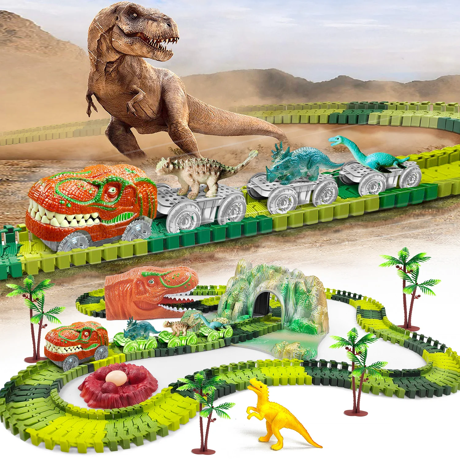 Dinosaur Train Toys Create A Dinosaur World Road Race-Flexible Track Playset ,Dinosaurs Toys Race Car for Old boy Girls