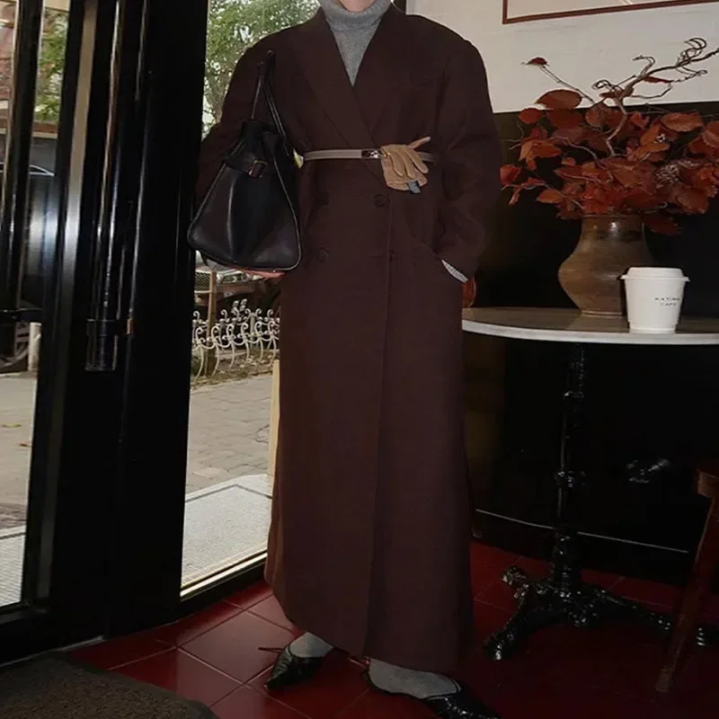 Elegant Lapel Pocket Woolen Long Trench Coat Women Fashion Full Sleeve Loose Overcoat Autumn Winter Lady Commute Outwear