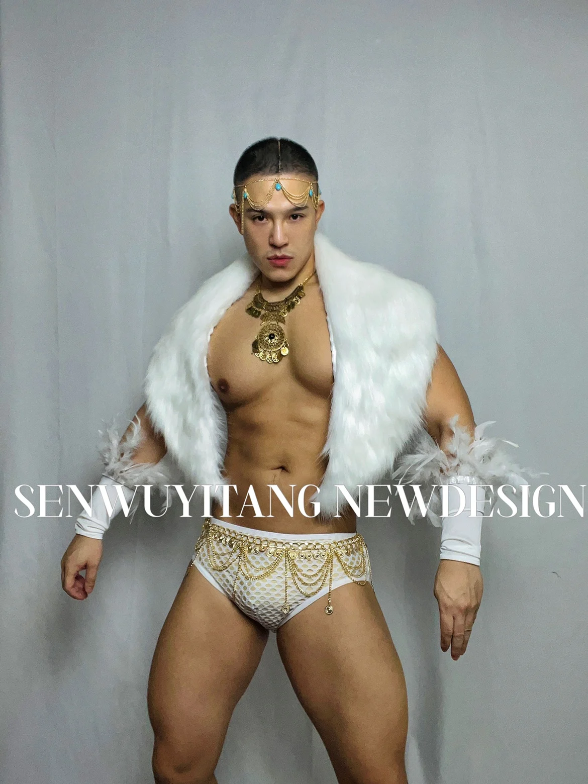 

Комплект одежды из 6 предметов для мужчин и женщин, одежда для ночного клуба, сценическая одежда для певицы, атмосферное белое ледяное и снежное перо, шаль, шорты