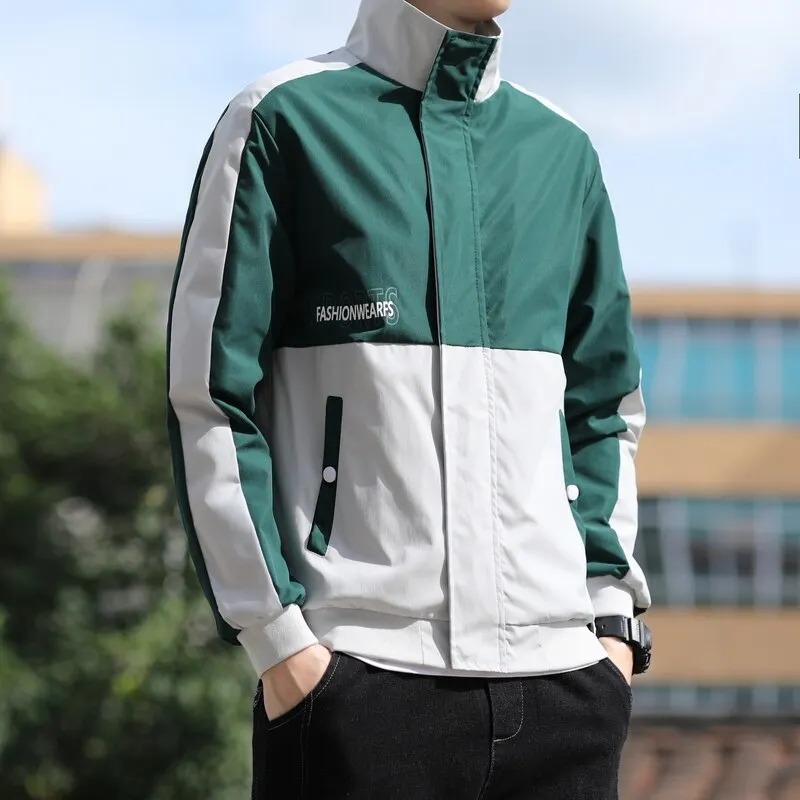 Men's Stand Neck Cardigan Zipper Jacket Autumn New Fashion Handsome Color-blocked Letters Long Sleeve Pockets Loose Casual Coats