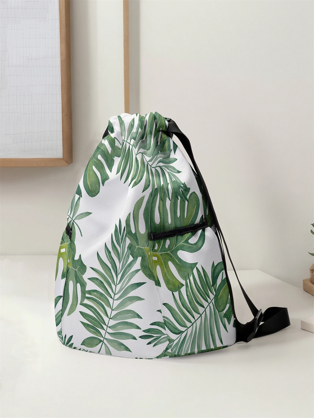 Green Leaf Pattern Drawstring Backpack - Large Capacity Durable Fitness Bag, Adjustable Shoulder Straps, Sports Beach Backpack