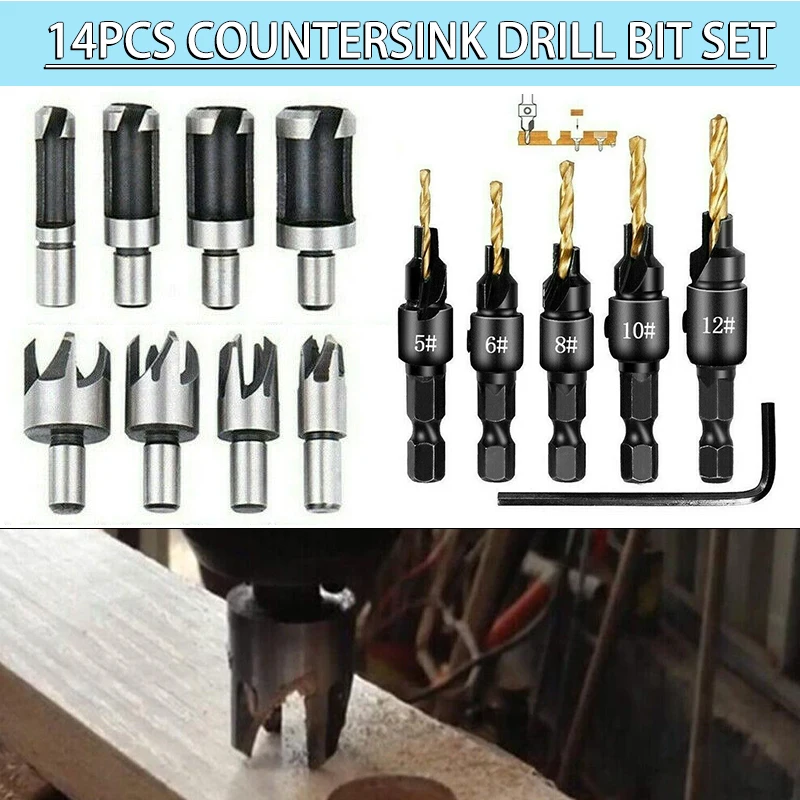 

New 14 Pcs High Speed Steel Countersink Drill Bit Wood Plug Cutter Woodworking Screw Hole 10 14 17 20mm Chamfered Plug Cutters