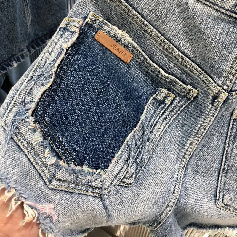 Large High Waist Perforated Pocket Denim Shorts Women's A-line Hot Pants Trend  trousers women  High Strecth