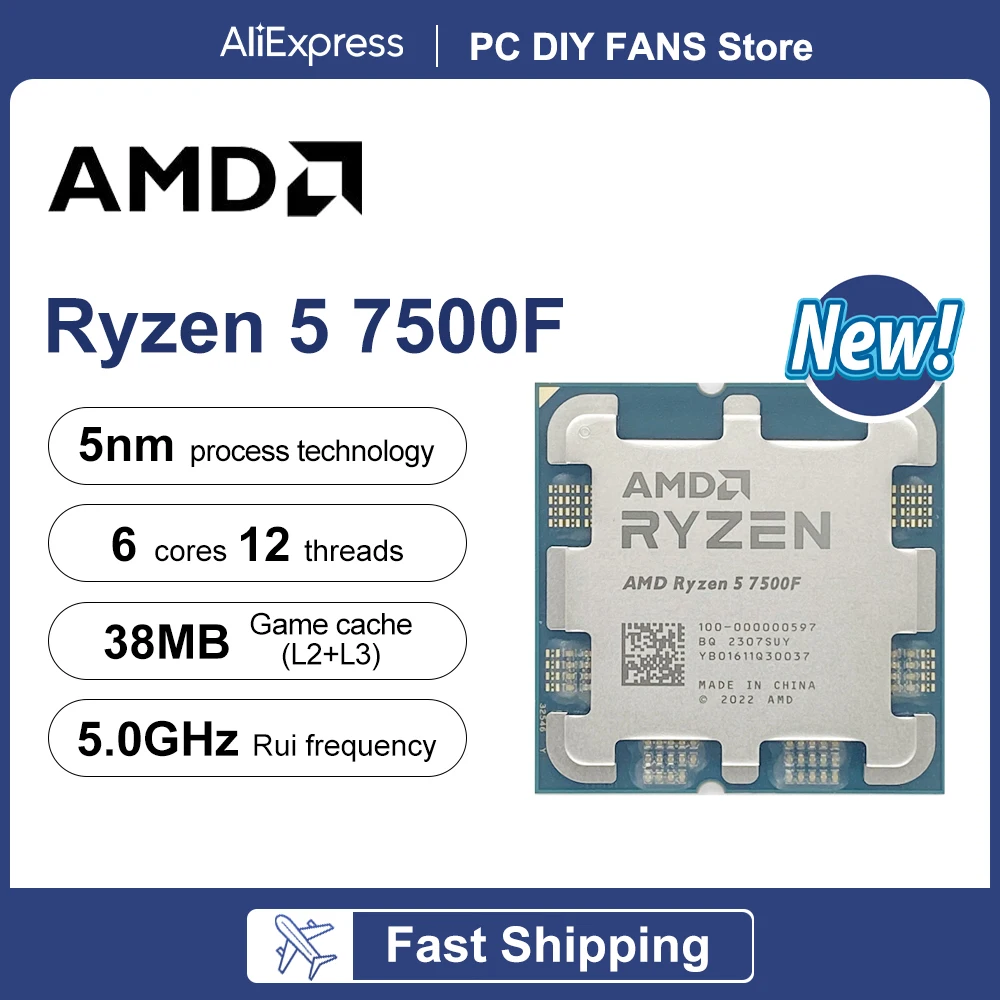 thumbnail image 1 of Procesador AMD Ryzen 5 7500F R5 7500F 3,7 GHz, 6 núcleos, 12 subprocesos, 5 nm, L3 = 32 M, 100-000000597, Socket AM5, NUEVO, pero sin disipador, 1 of 4