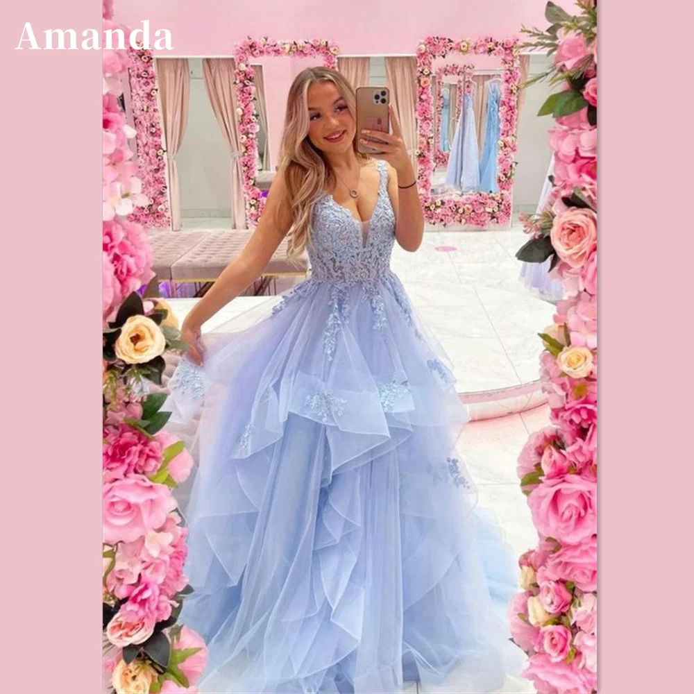 Amanda princes děťátko modrá soumrak šaty sladké krajky embroid ples šaty 2023 ostří kroutit se a-line večírek šaty فساتين مناسبة رسمية