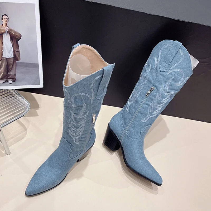 

TRILEINO Women Western Style Blue Denim Knee High Cowboy Boots Sexy Pointed Toe Square Heels Shoes Female Cool Knight Booties