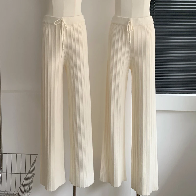 

Spring Autumn New Ladies Knitting Wide Leg Trousers Girl Solid Color High Waist Loose Wild Straight Casual Elastic Soft Pants